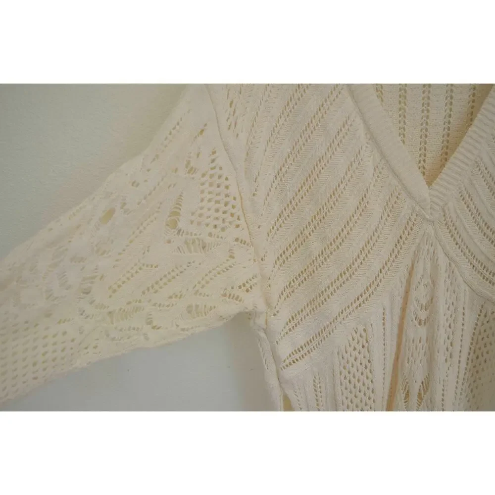 Anthropologie Open-Stitch Side-Slit Tunic Sweater Dress Duster Ivory M - Picture 8 of 11